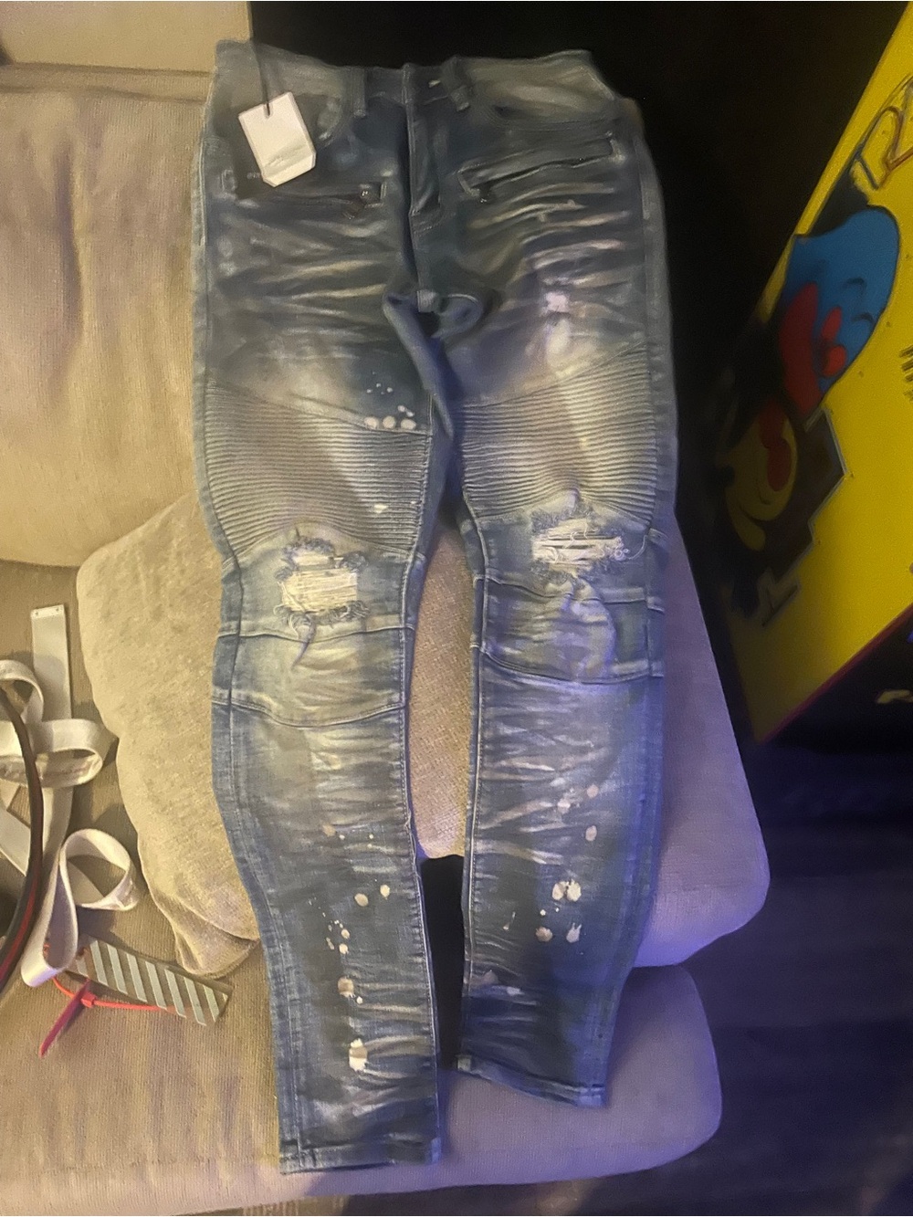 Slim Fit Embellish NYC Distressed Biker Blue Skinny Jeans for Men 28 Waist